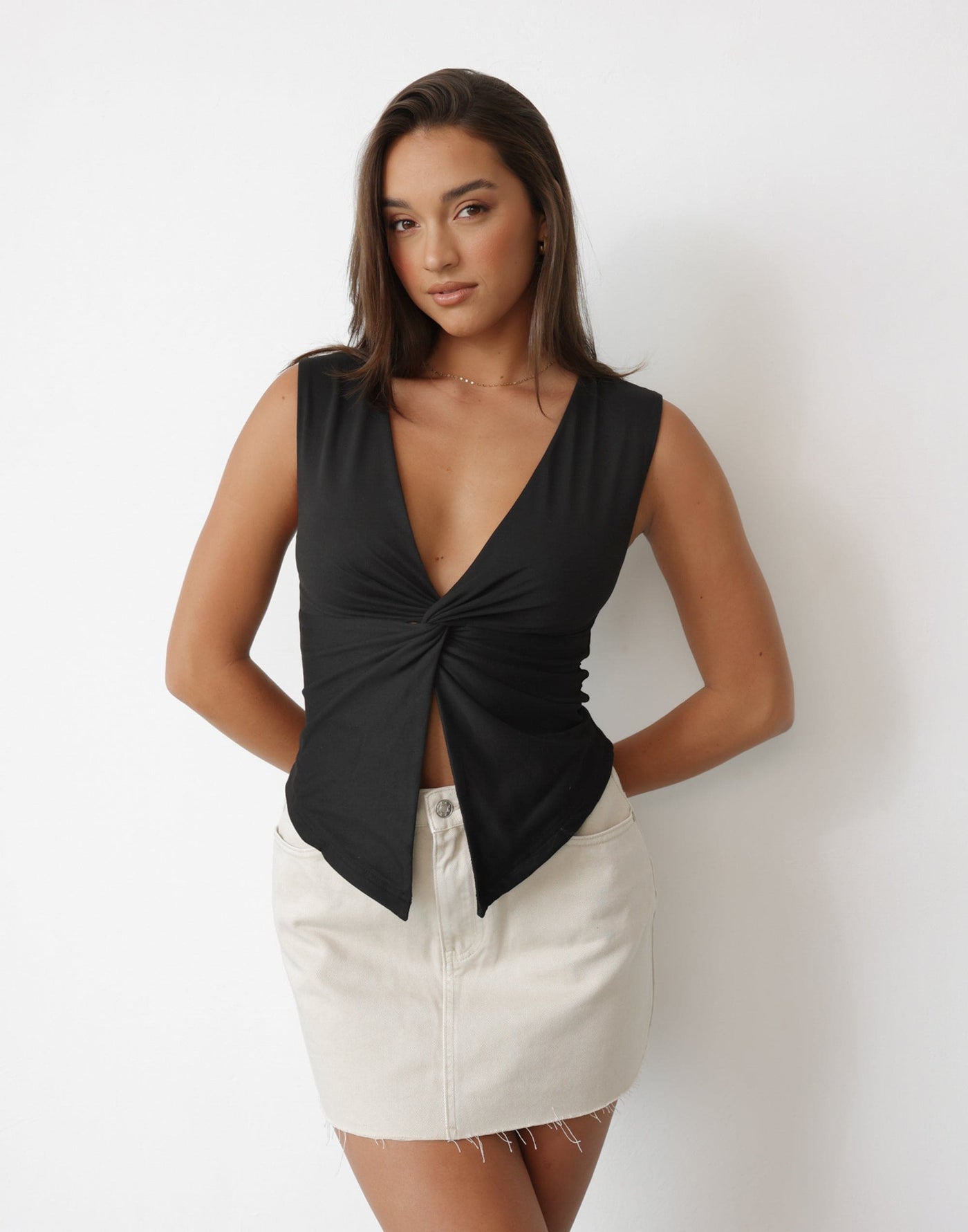 Althea Top (Black) | CHARCOAL Exclusive - V-Neck Knot Detail Front Top - Women's Top - Charcoal Clothing