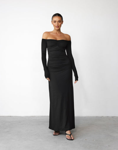 Josephine Maxi Dress (Black) - Ruched Gathered Detail Off Shoulder Long Sleeve Maxi - Women's Dress - Charcoal Clothing