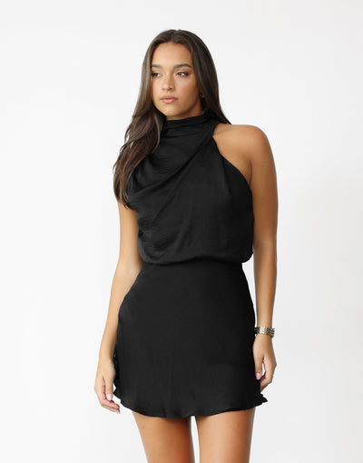 Kimmi Mini Dress (Black) - High Neck Open Back Flared Skirt Mini Dress - Women's Dress - Charcoal Clothing