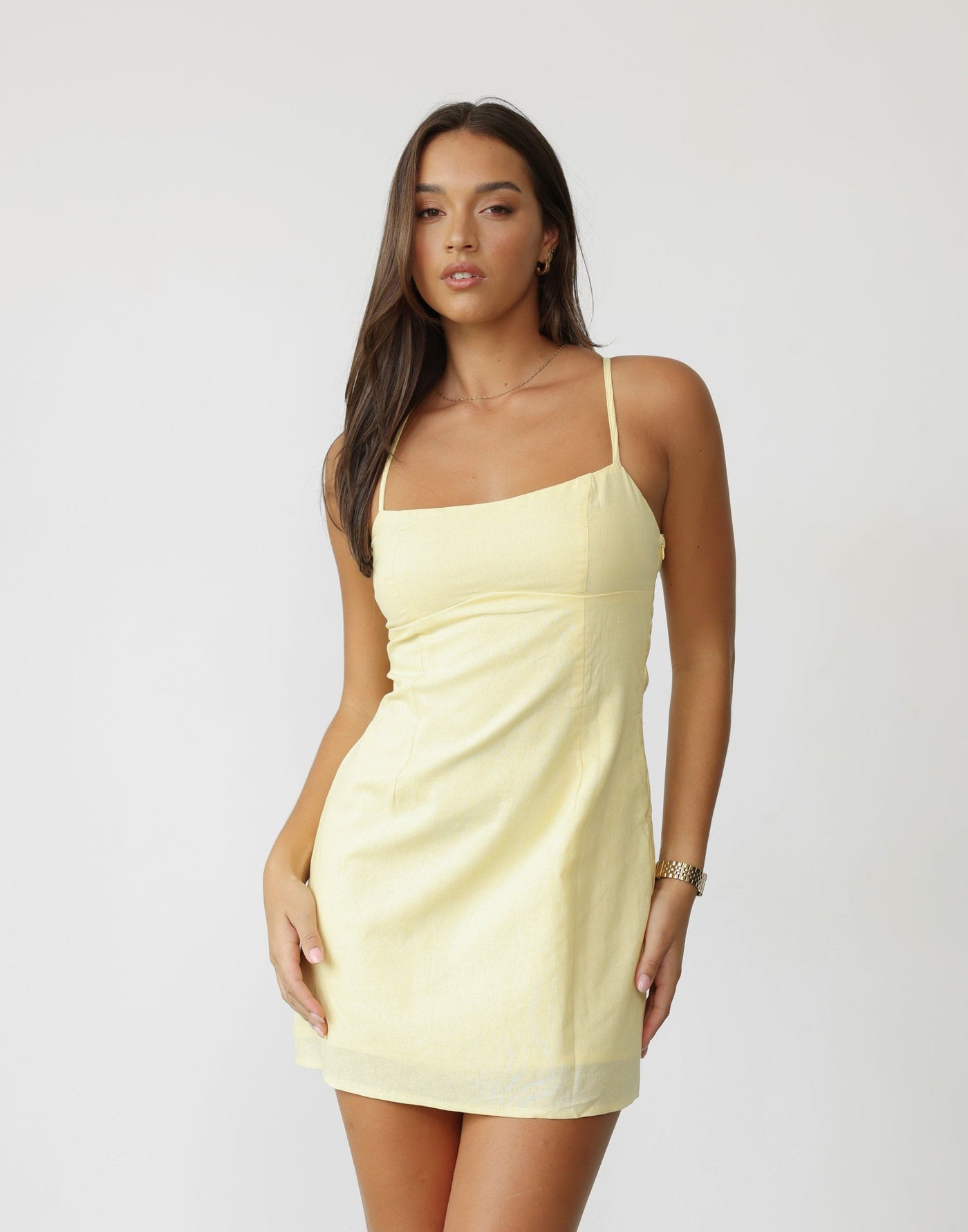 Jayde Mini Dress (Citrus) - Thin Strap Open Back Fitted Mini Dress - Women's Dress - Charcoal Clothing
