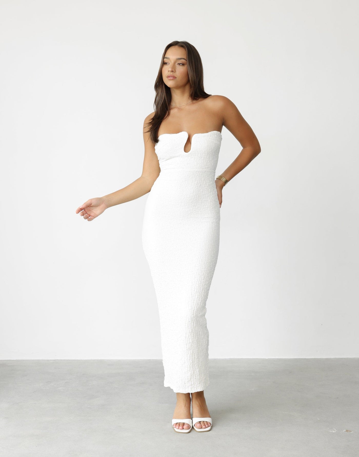 Korinna Maxi Dress (White) - Bodycon Textured Strapless Maxi Dress - Women's Dress - Charcoal Clothing