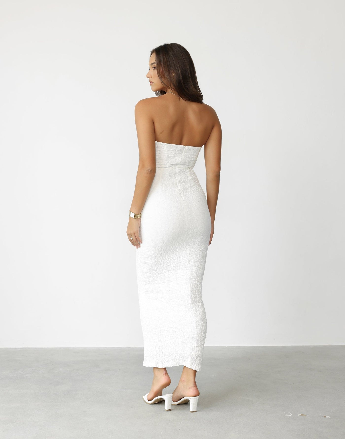 Korinna Maxi Dress (White) - Bodycon Textured Strapless Maxi Dress - Women's Dress - Charcoal Clothing