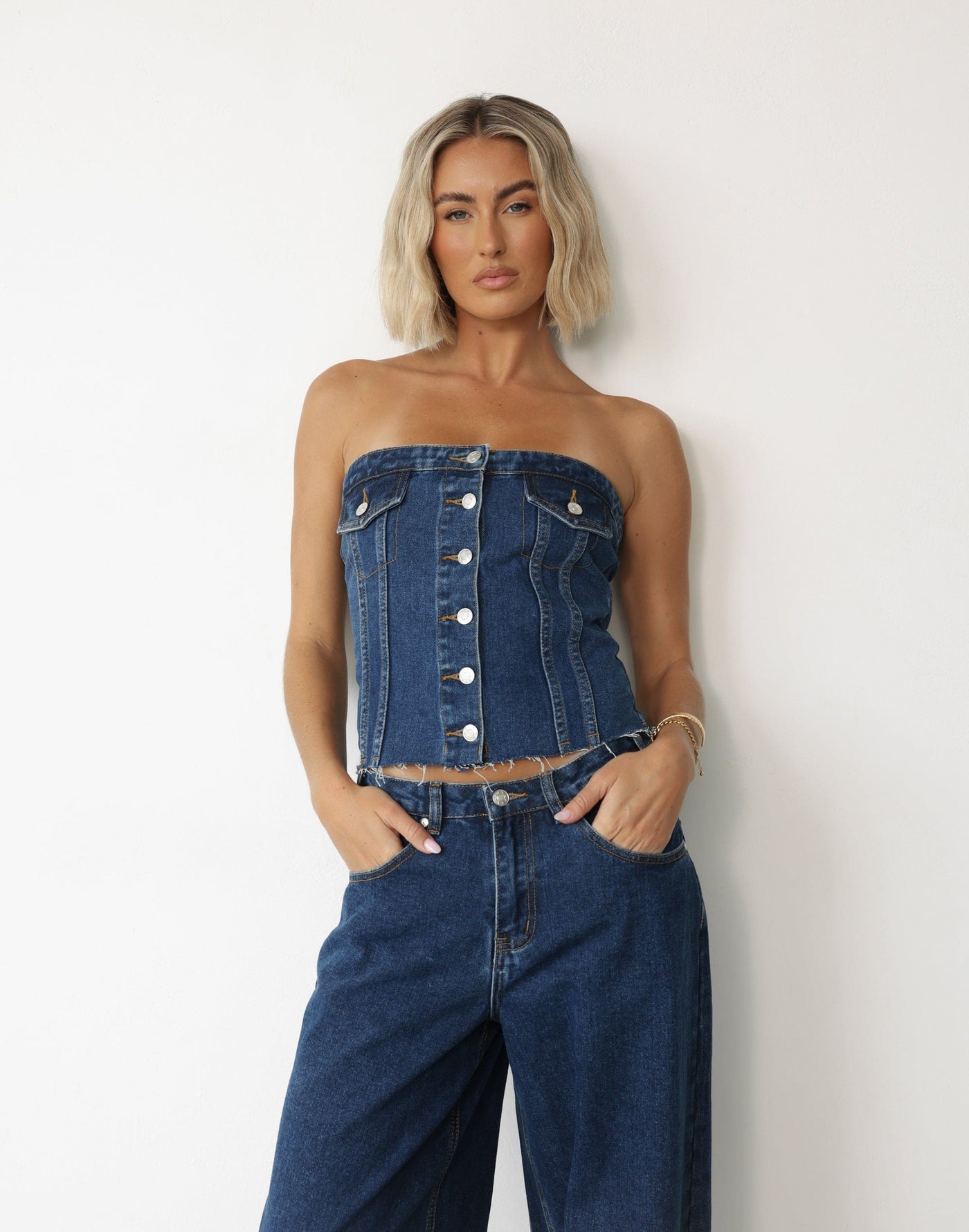 Collision Denim Corset Top (Dark Denim) | CHARCOAL Exclusive - Strapless Button Closure Fitted Top - Women's Top - Charcoal Clothing