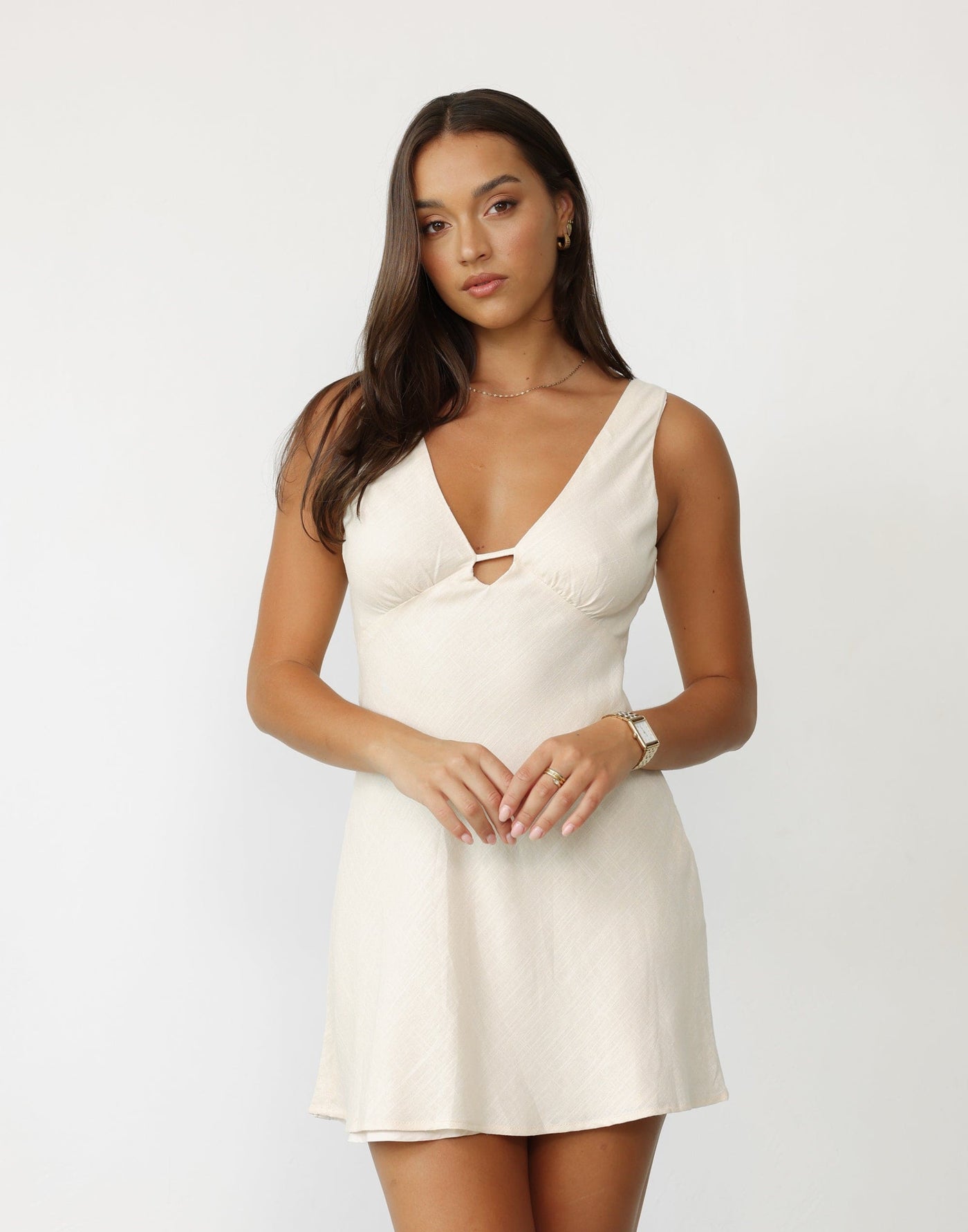 Camellia Mini Dress (Almond) - V-Neck Flared Skirt Low Back Mini Dress - Women's Dress - Charcoal Clothing