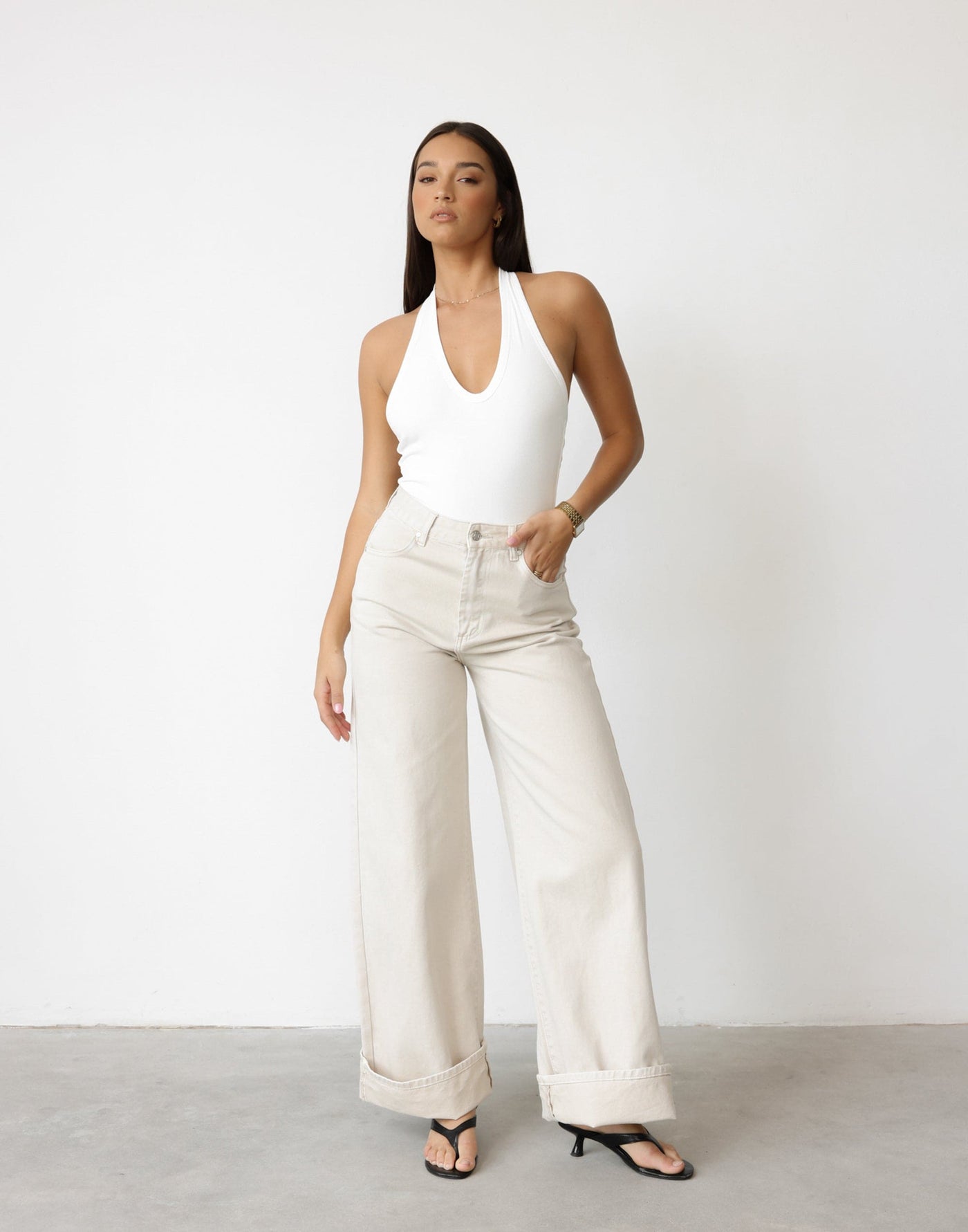 Colton Jeans (Latte) | CHARCOAL Exclusive - High Waisted Wide Leg Fold Over Bottom Jeans - Women's Pants - Charcoal Clothing