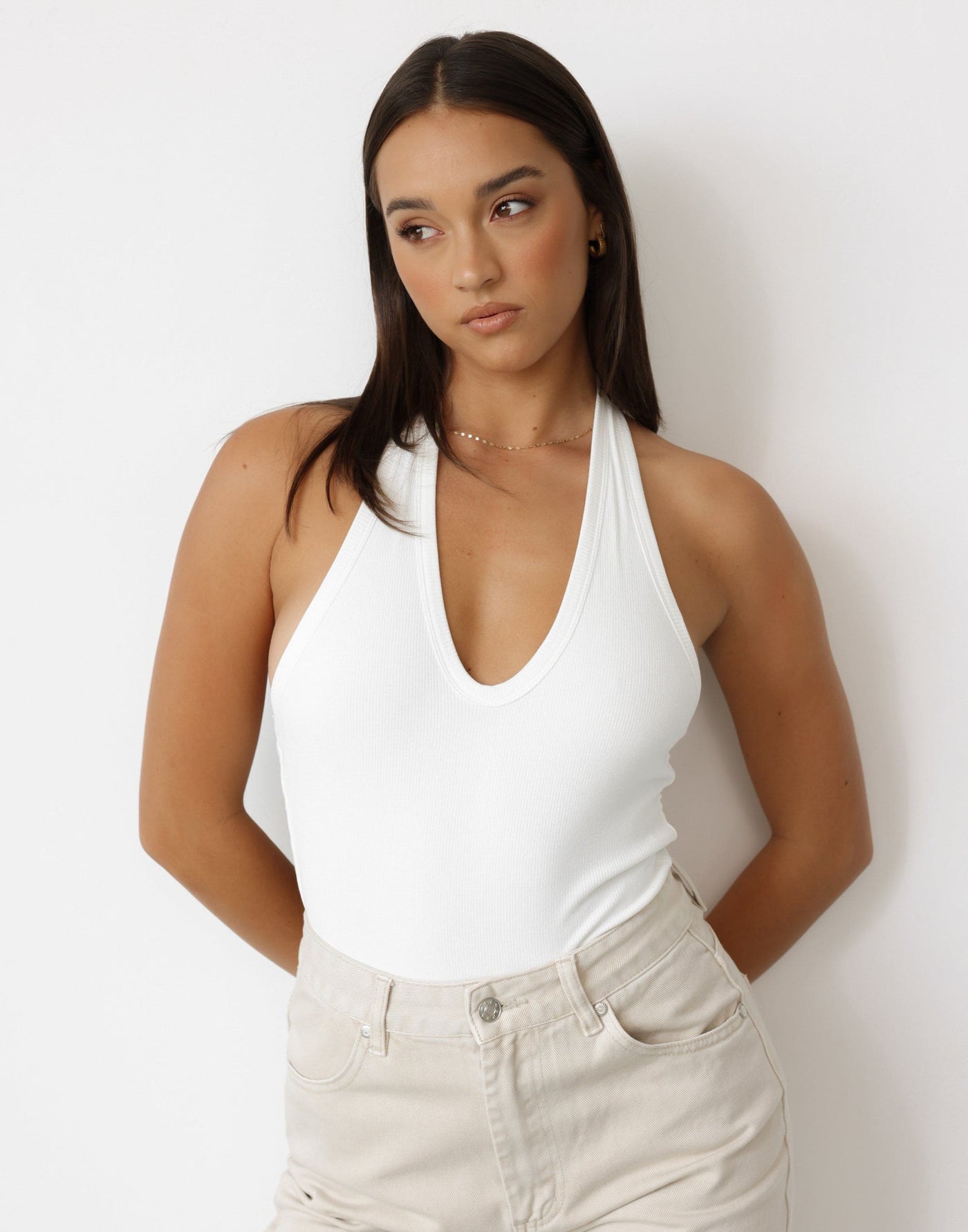 Arwen Bodysuit (White) | CHARCOAL Exclusive - Ribbed Low Neck Halter Bodysuit - Women's Top - Charcoal Clothing