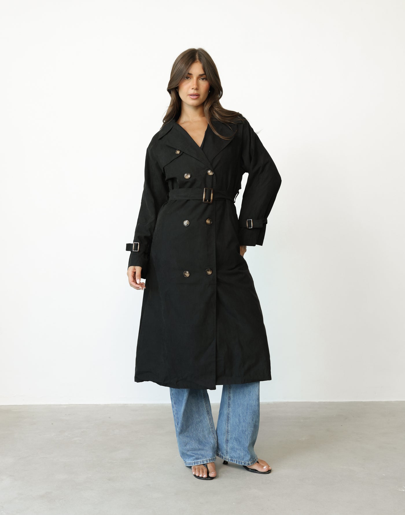 Izaiah Trench Coat (Black) - Full Length Trench Coat with Waist Tie - Women's Outerwear - Charcoal Clothing