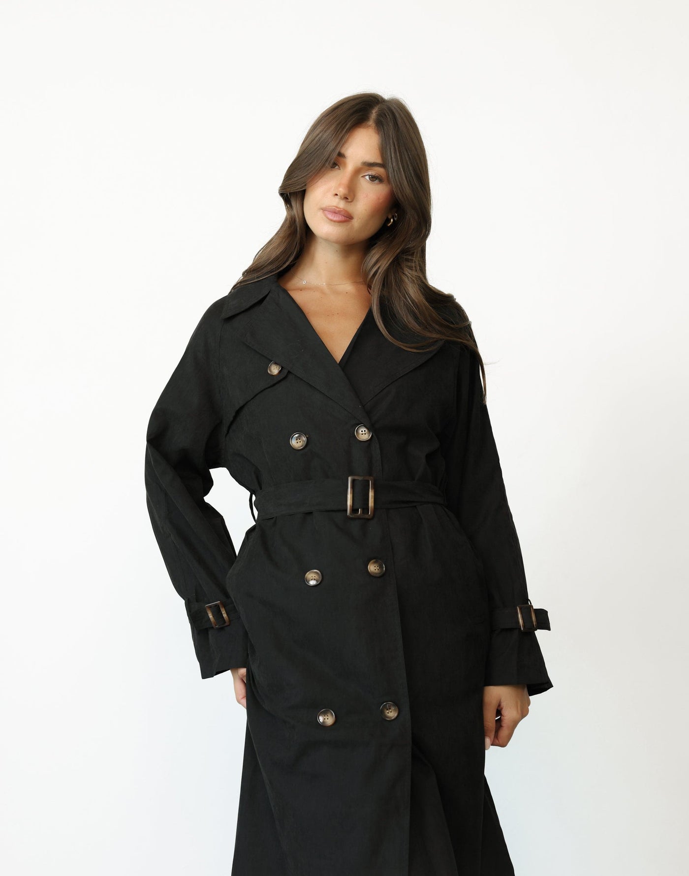 Izaiah Trench Coat (Black) - Full Length Trench Coat with Waist Tie - Women's Outerwear - Charcoal Clothing