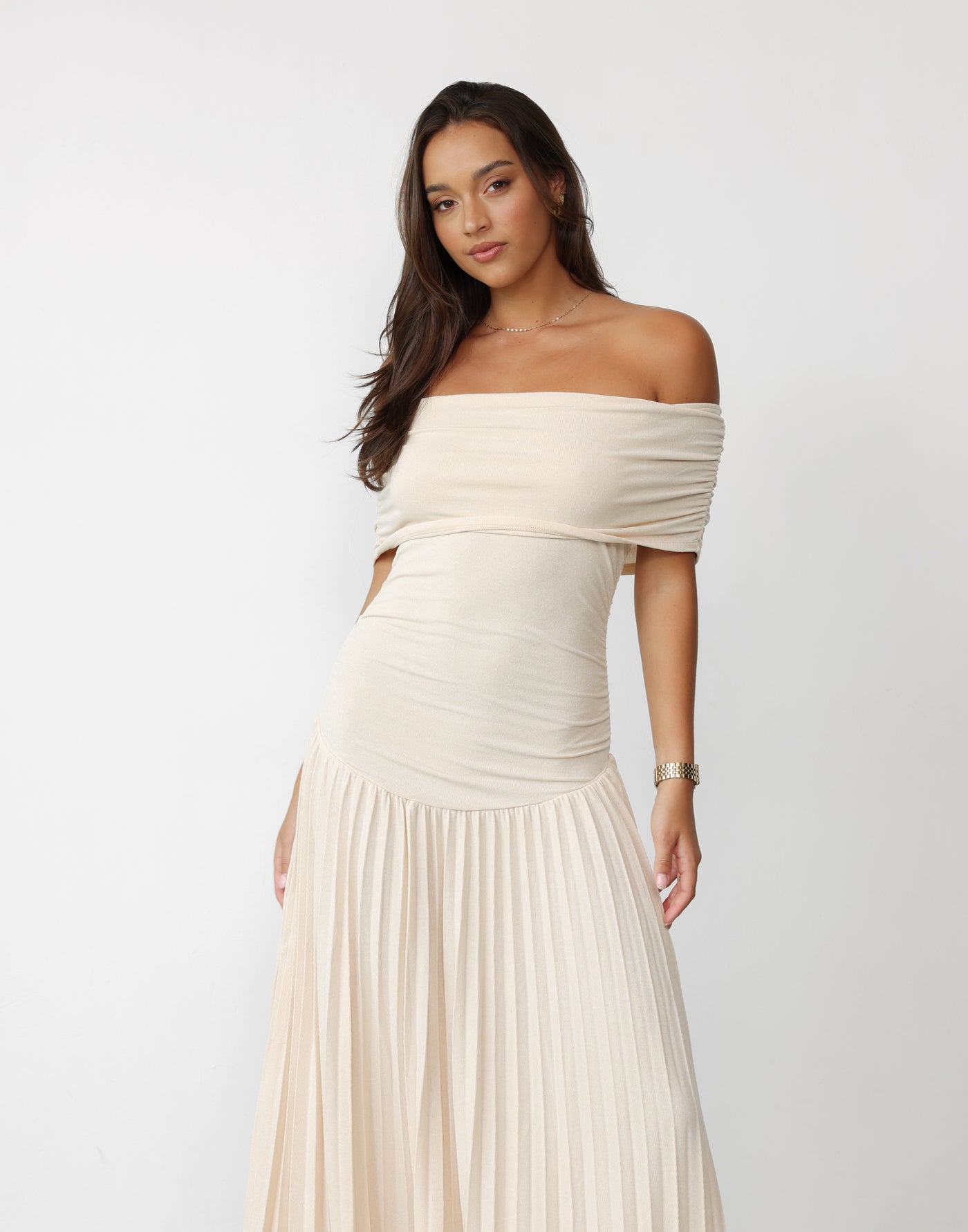 Field Of Dreams Maxi (Oatmeal) - By Lioness - Bodycon Off Shoulder Drop Waist Pleated Maxi Skirt - Women's Dress - Charcoal Clothing