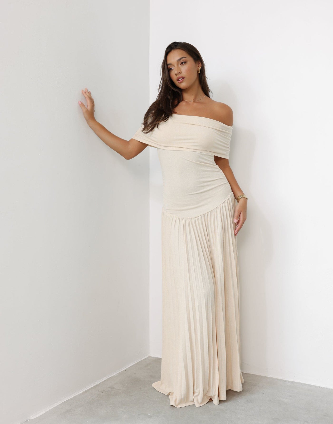 Field Of Dreams Maxi (Oatmeal) - By Lioness - Bodycon Off Shoulder Drop Waist Pleated Maxi Skirt - Women's Dress - Charcoal Clothing