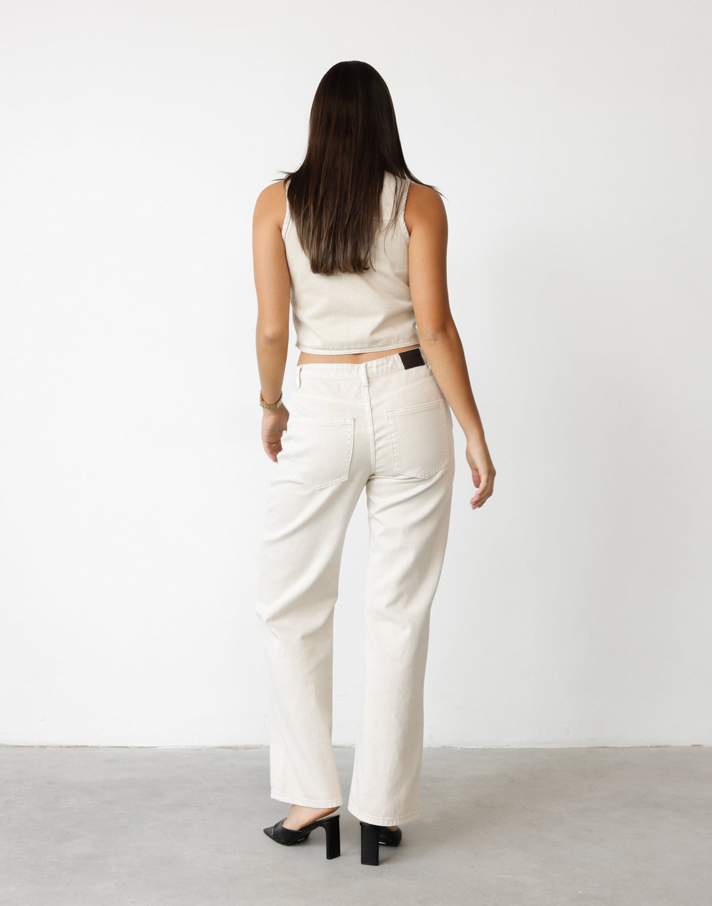 Alli Denim Vest (Latte) | CHARCOAL Exclusive - V-Neck Cropped Button Front Closure Top - Women's Top - Charcoal Clothing