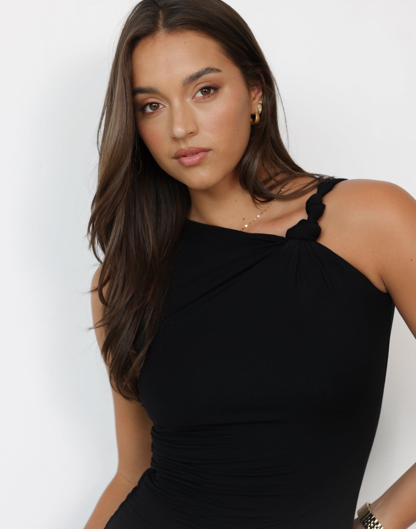 Sahana Maxi Dress (Mocha) Bodycon High Neck Twisted Shoulder Mini