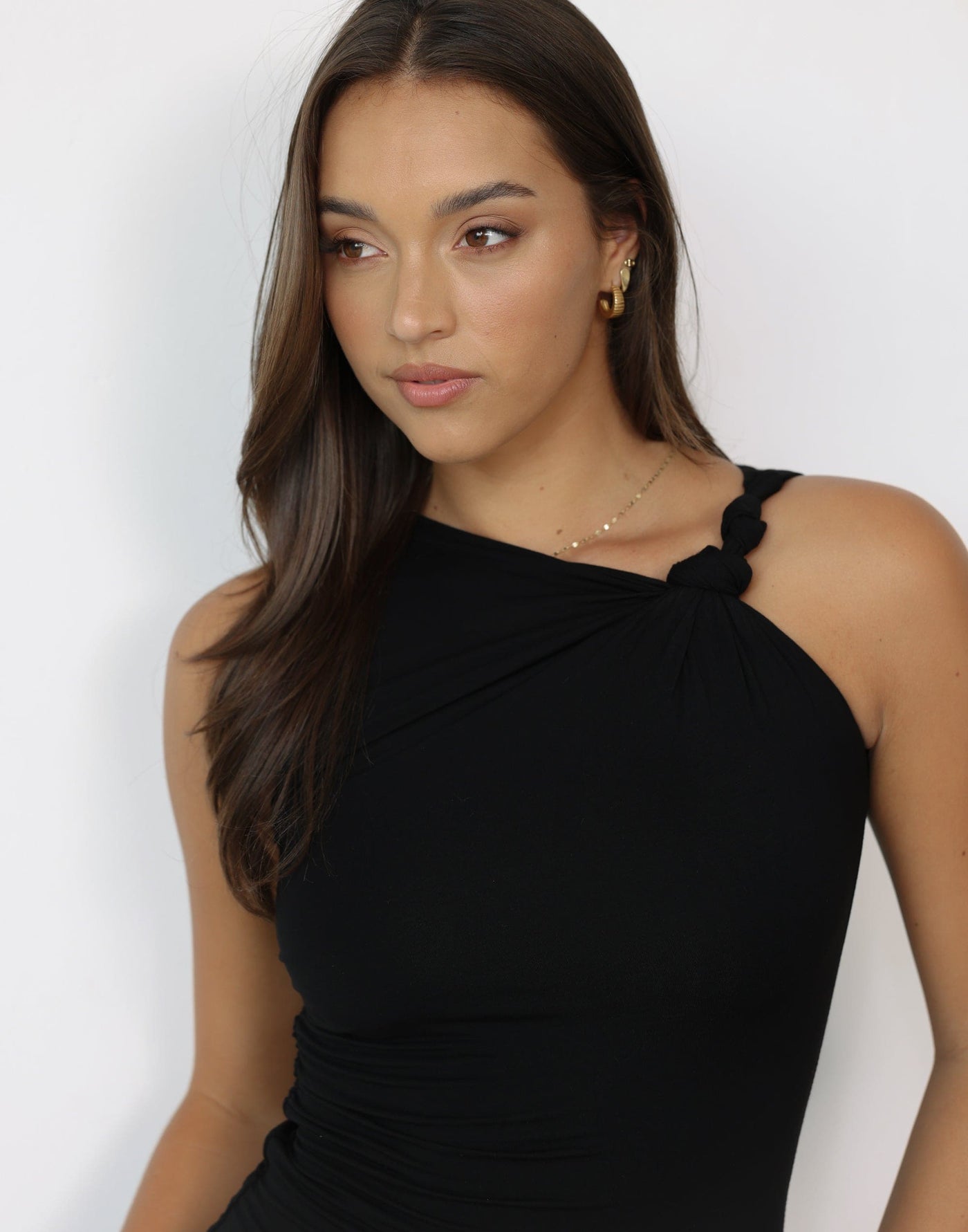 Sahana Maxi Dress (Mocha) Bodycon High Neck Twisted Shoulder Mini