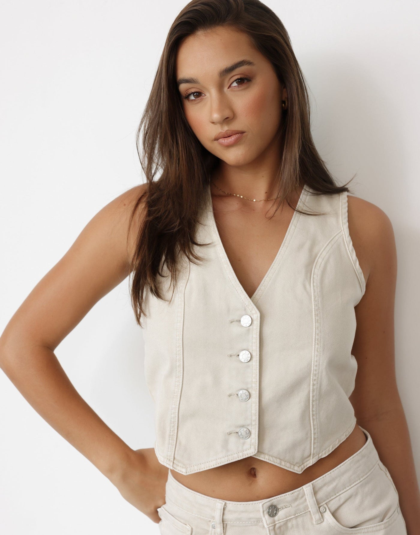 Alli Denim Vest (Latte) | CHARCOAL Exclusive - V-Neck Cropped Button Front Closure Top - Women's Top - Charcoal Clothing