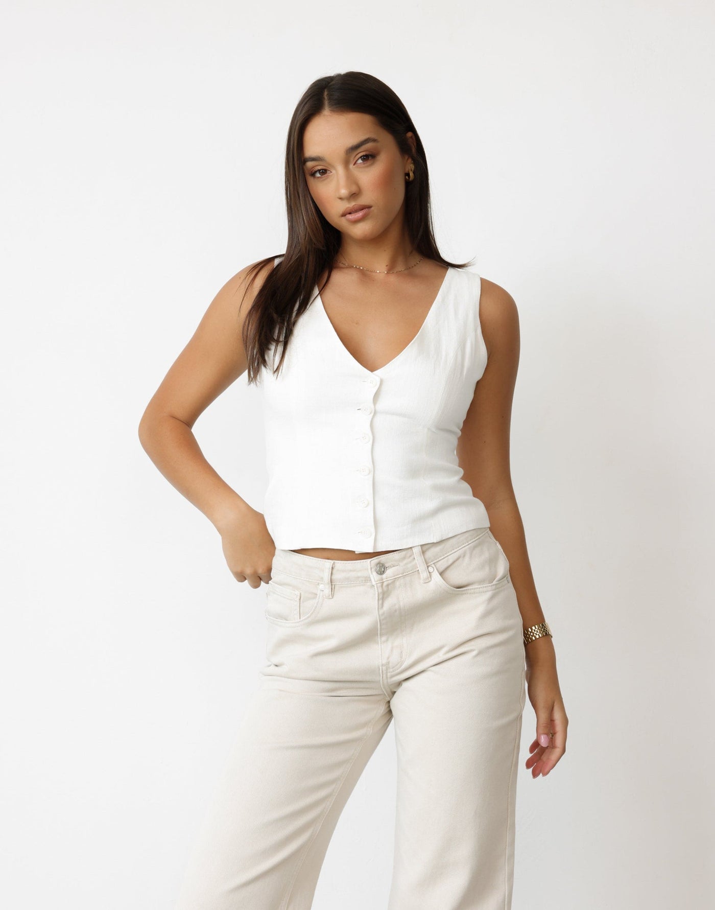 Cailey Top (White) | CHARCOAL Exclusive - V-neck Button Front Closure Linen BlendTop - Women's Top - Charcoal Clothing