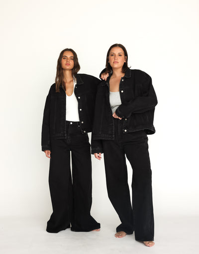 Cole Denim Jacket (Vintage Black) | CHARCOAL Exclusive - Adjustable Waist Silver Button Denim Jacket - Women's Outerwear - Charcoal Clothing