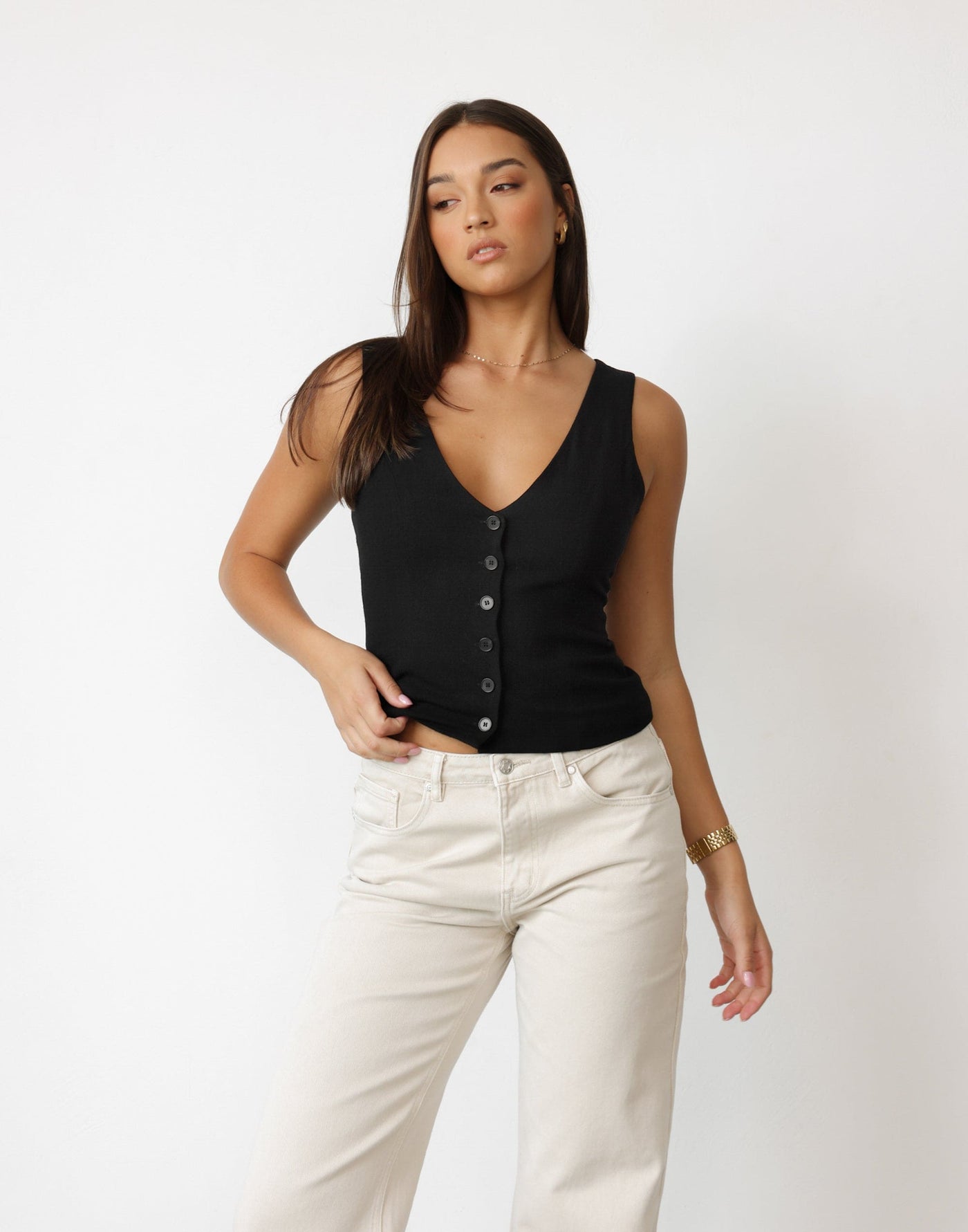 Cailey Top (Black) | CHARCOAL Exclusive - V-neck Button Front Closure Linen BlendTop - Women's Top - Charcoal Clothing