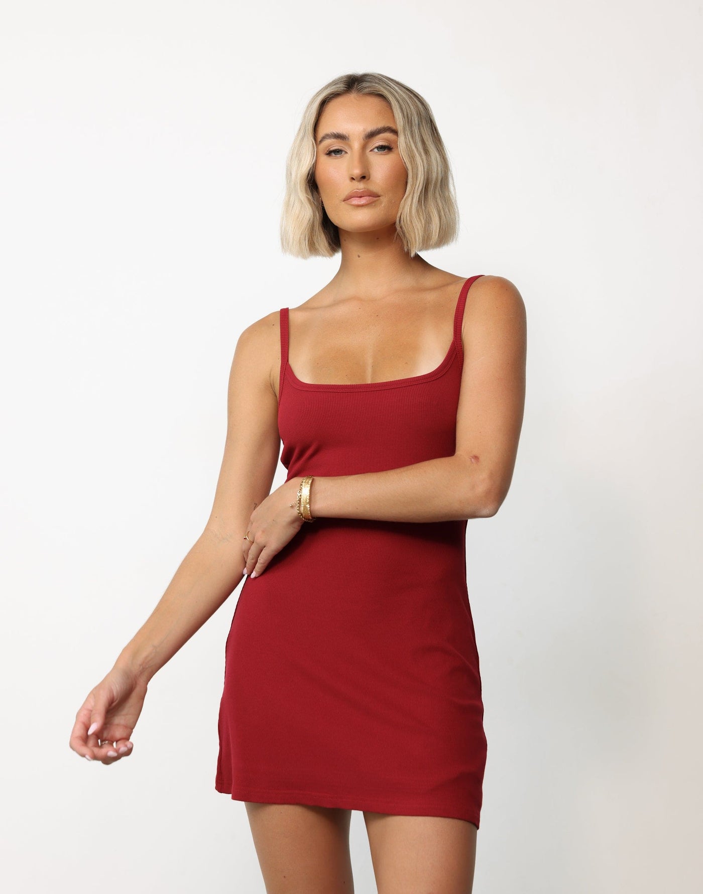 Helia Mini Dress (Cherry) | CHARCOAL Exclusive - Scoop Neckline Flared Skirt Ribbed Lined Mini Dress - Women's Dress - Charcoal Clothing