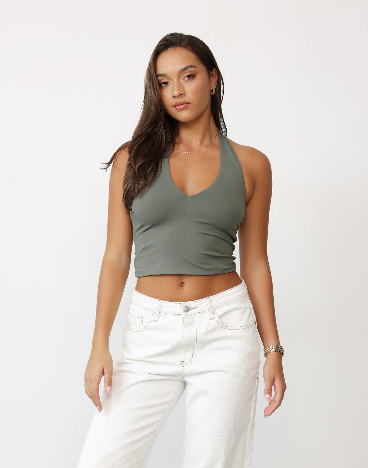 Amira Top (Khaki) - V-neck Cropped Bodycon Ruched Side Top - Women's Top - Charcoal Clothing