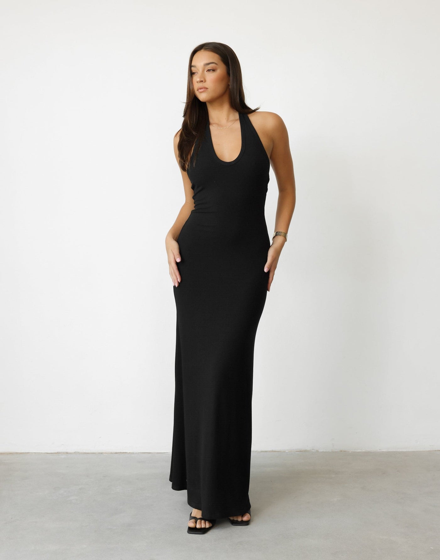 Arwen Maxi Dress (Black) | CHARCOAL Exclusive - Low Neckline Ribbed Bodycon Maxi Dress - Women's Dress - Charcoal Clothing