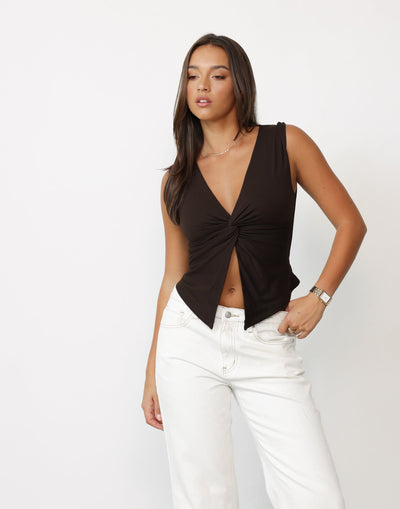 Althea Top (Chocolate) | CHARCOAL Exclusive - V-neck Open Front Bodycon Jersey Top - Women's Top - Charcoal Clothing