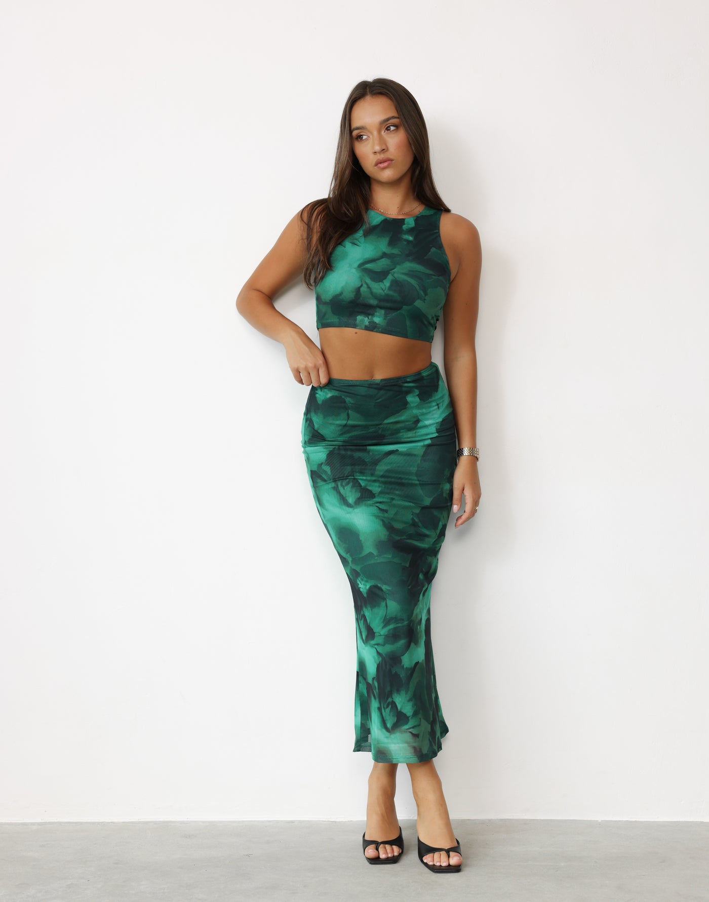 Clare Top (Jade) - Printed High Round Neckline Cropped Top - Women's Top - Charcoal Clothing