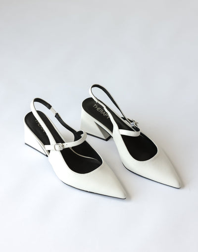 Sharp Heels (White Smooth PU) - By Therapy - Pointed Toe Low Block Heel - Women's Shoes - Charcoal Clothing