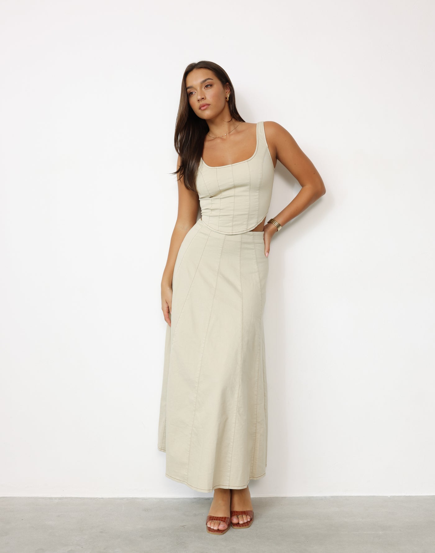 Haylee Maxi Skirt (Oat) - Flared High Rise Maxi Skirt - Women's Skirt - Charcoal Clothing