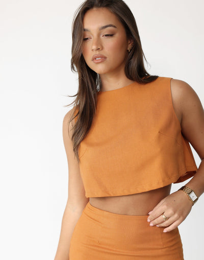 Como Linen Top (Tangerine) | Charcoal Clothing Exclusive - Open Back Relaxed Fit Single Button Closure Top - Women's Top - Charcoal Clothing