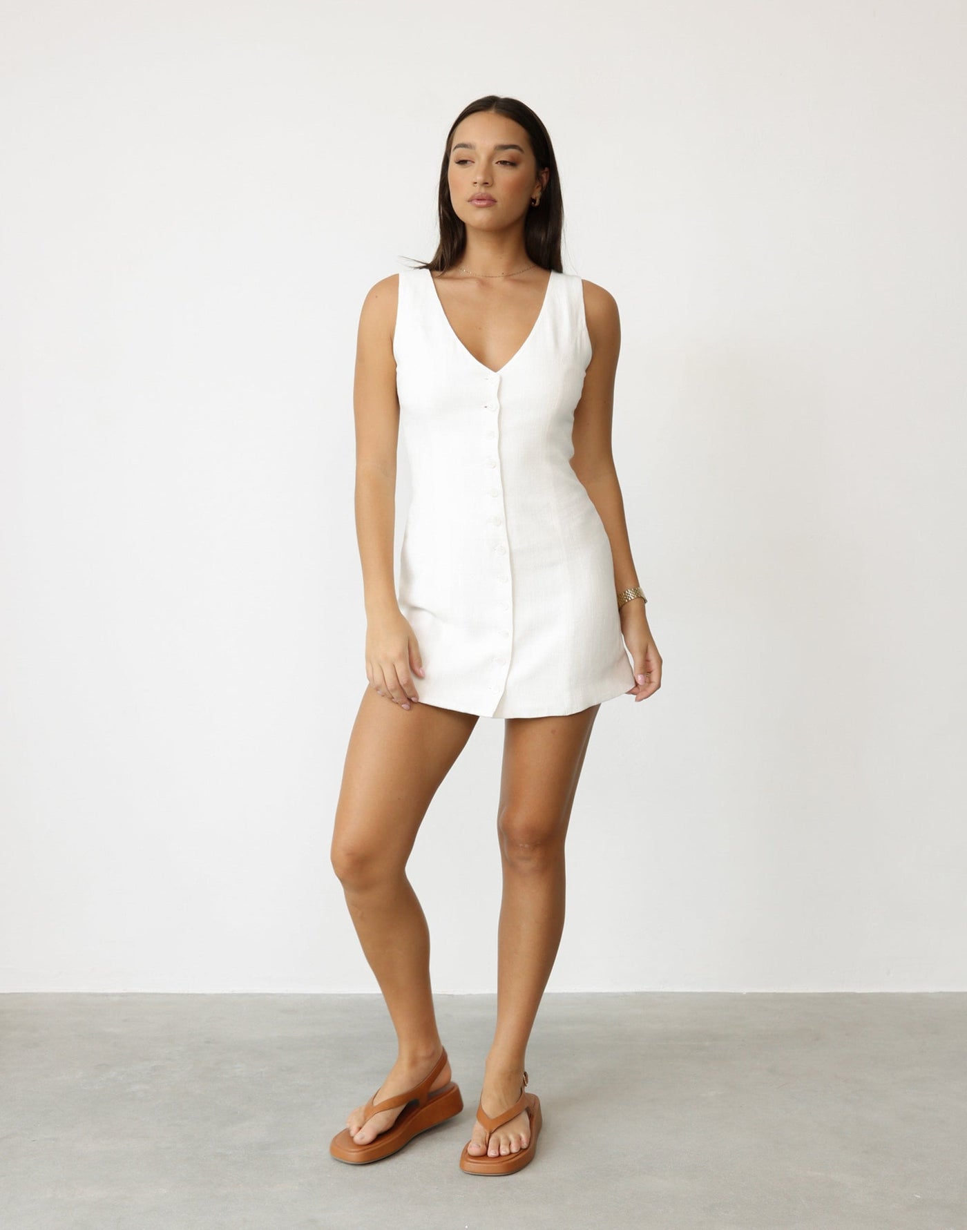Cailey Mini Dress (White) | CHARCOAL Exclusive - V Neck Button Closure Linen Blend Mini Dress - Women's Dress - Charcoal Clothing