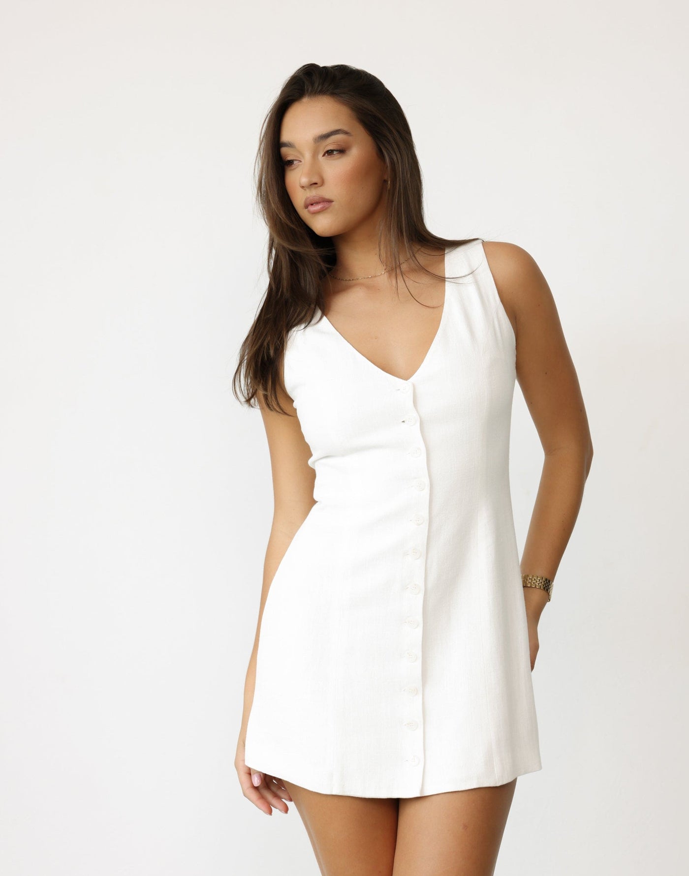 Cailey Mini Dress (White) | CHARCOAL Exclusive - V Neck Button Closure Linen Blend Mini Dress - Women's Dress - Charcoal Clothing