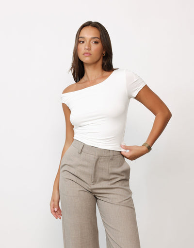 Leona Top (White) - One Shoulder Neckline Bodycon Top - Women's Top - Charcoal Clothing