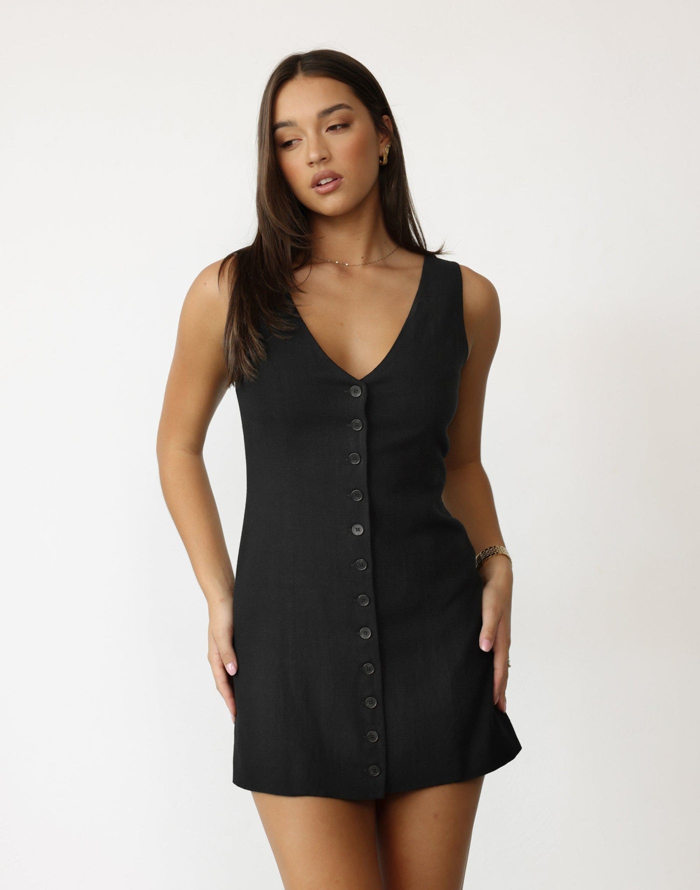 Cailey Mini Dress (Black) | CHARCOAL Exclusive - V Neck Button Closure Linen Blend Mini Dress - Women's Dress - Charcoal Clothing