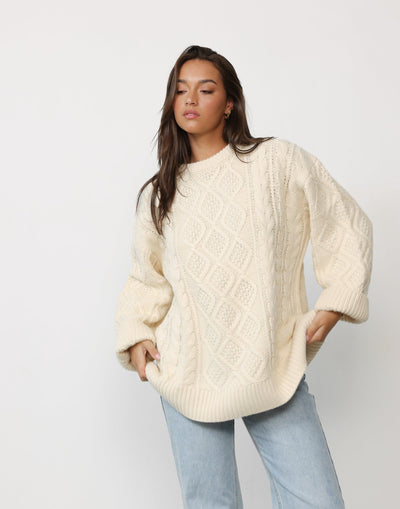 Gigi Knit (Ivory) - By Lioness - Cable Knit Design Oversized Slouched Fit Jumper - Women's Top - Charcoal Clothing
