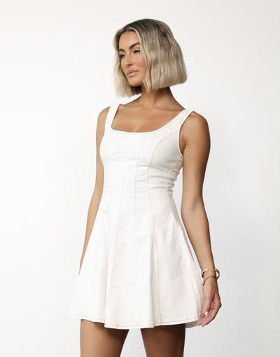 Kella Denim Mini Dress (White) - Rounded Square Neckline A-line Mini - Women's Dress - Charcoal Clothing