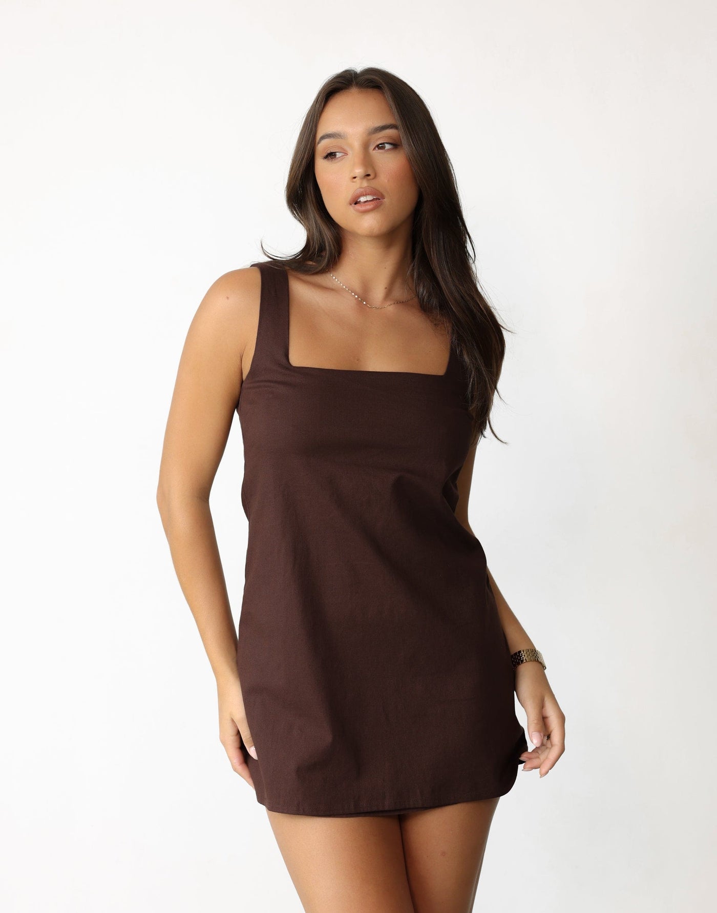 Misha Mini Dress (Cocoa) | Charcoal Clothing Exclusive - Open Back Cut Out Relaxed Fit Mini Dress - Women's Dress - Charcoal Clothing