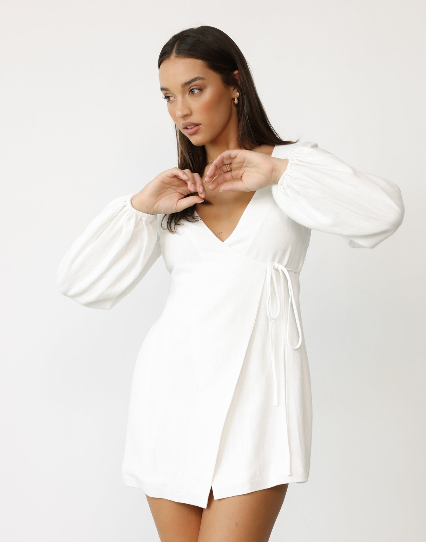 Mori Mini Dress (White) | CHARCOAL Exclusive - Long Sleeve Wrap Around Detail Mini Dress - Women's Dress - Charcoal Clothing