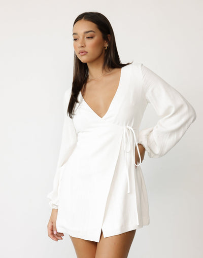 Mori Mini Dress (White) | CHARCOAL Exclusive - Long Sleeve Wrap Around Detail Mini Dress - Women's Dress - Charcoal Clothing