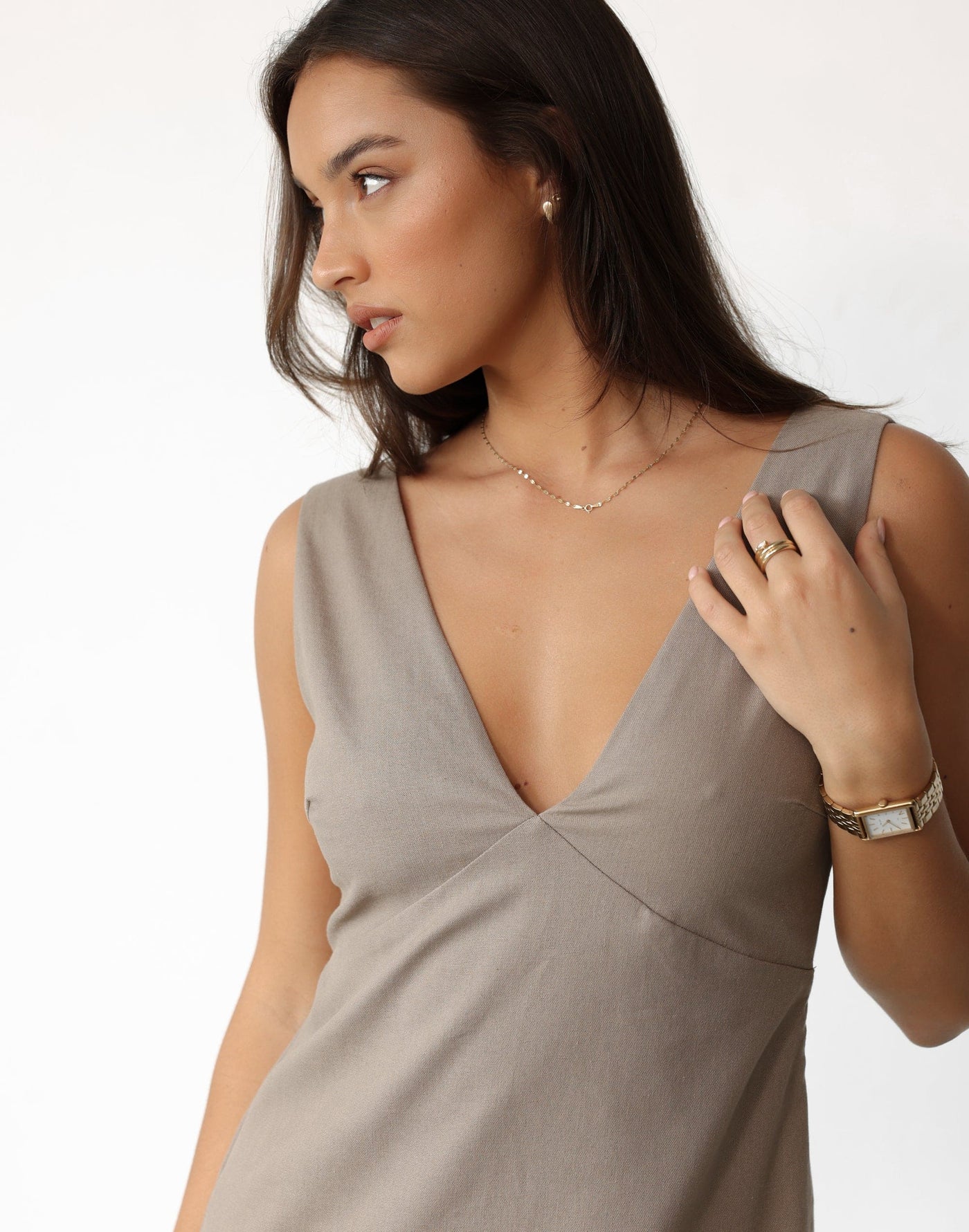 Elio Mini Dress (Stone) | Charcoal Clothing Exclusive - V-neck Linen Blend Flared Mini Dress - Women's Dress - Charcoal Clothing