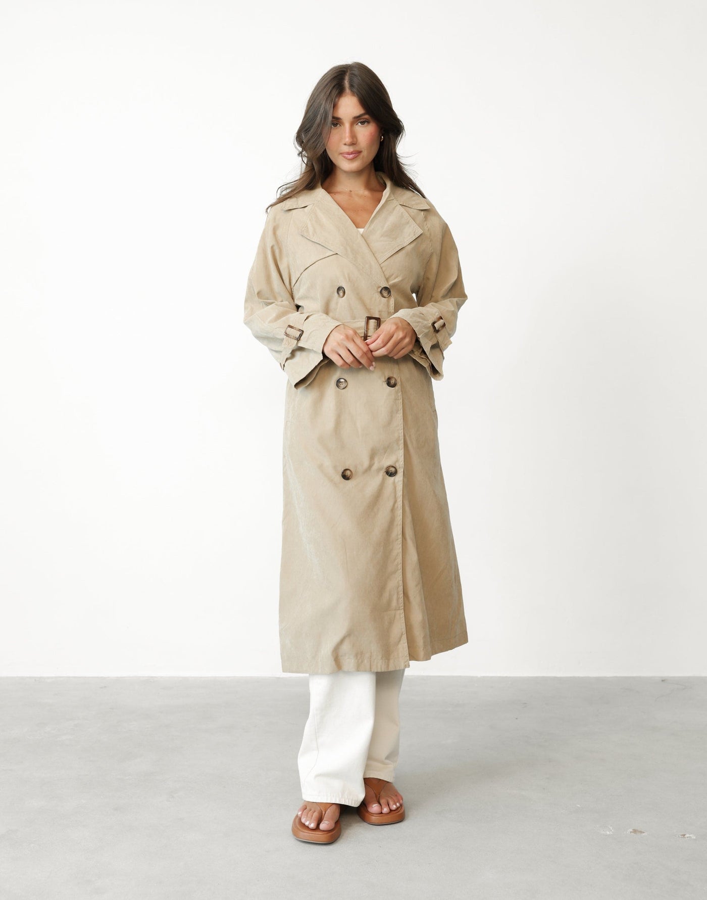 Izaiah Trench Coat (Beige) - Full Length Trench Coat with Waist Tie - Women's Outerwear - Charcoal Clothing