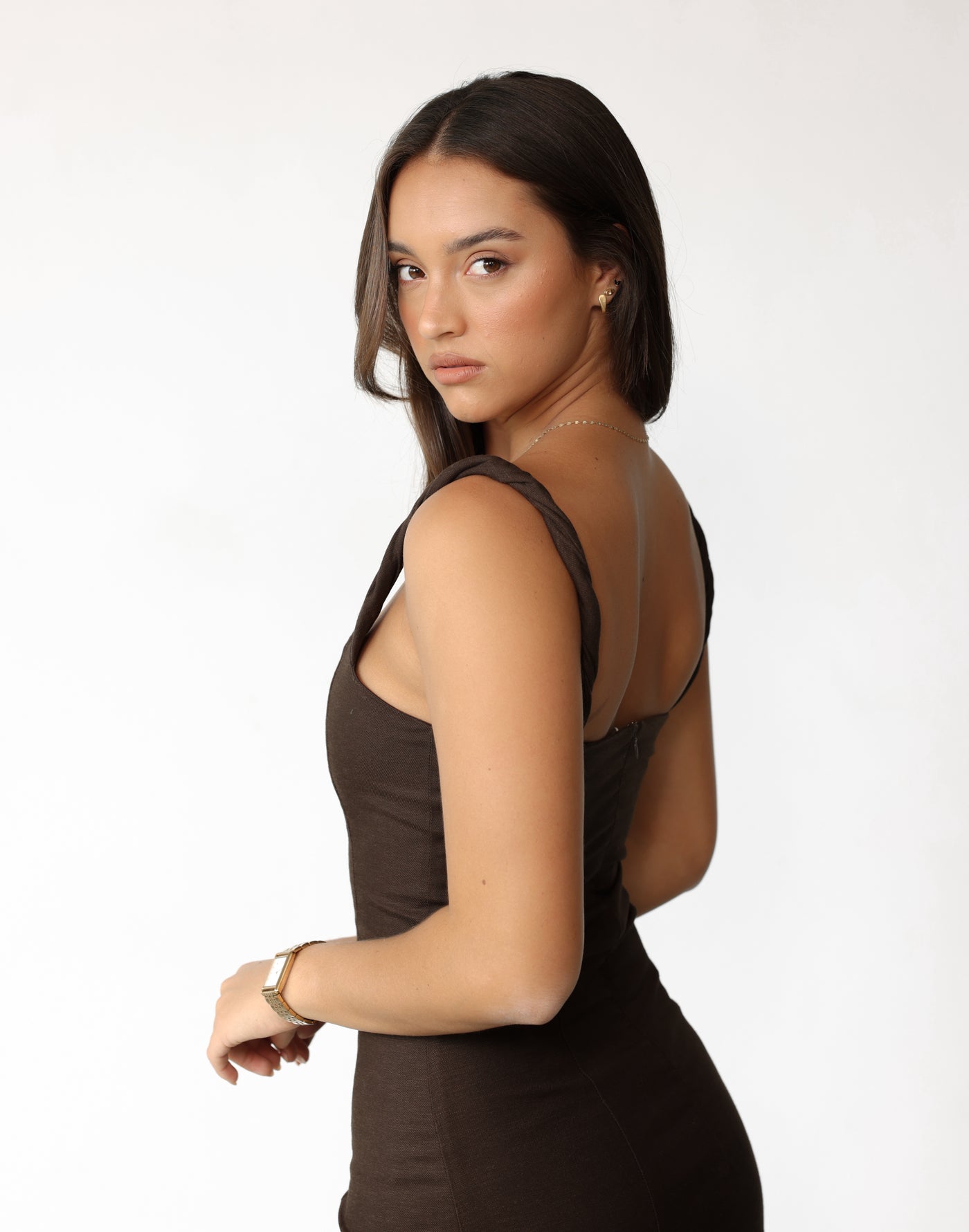Bacalar Mini Dress (Chocolate) | Charcoal Clothing Exclusive - Twisted Strap Straight Neck Mini Dress - Women's Dress - Charcoal Clothing