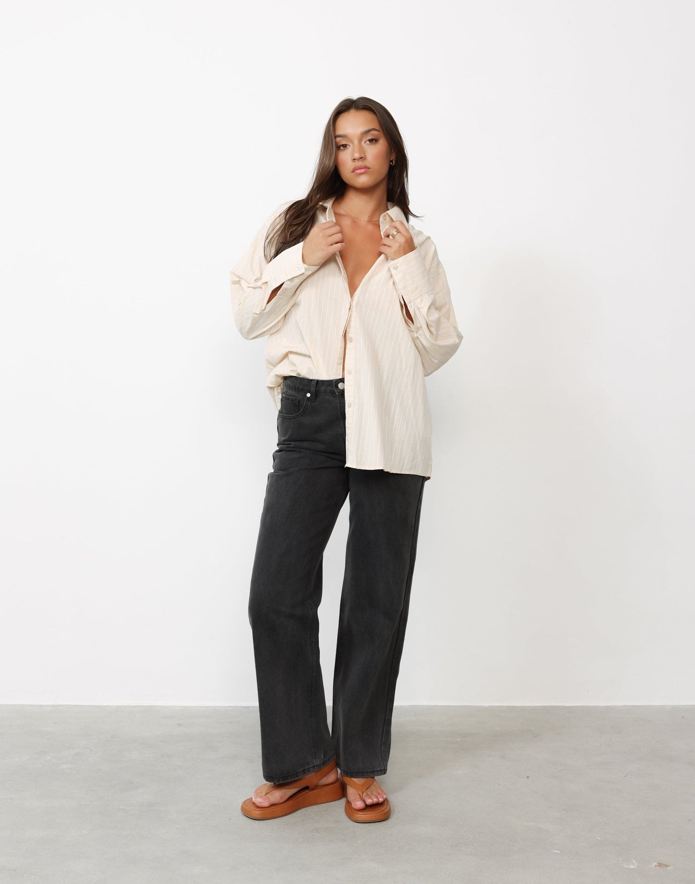 Blanchet Shirt (Almond Pinstripe) - Relaxed Fit Pinstripe Long Sleeve Dress Shirt - Women's Top - Charcoal Clothing