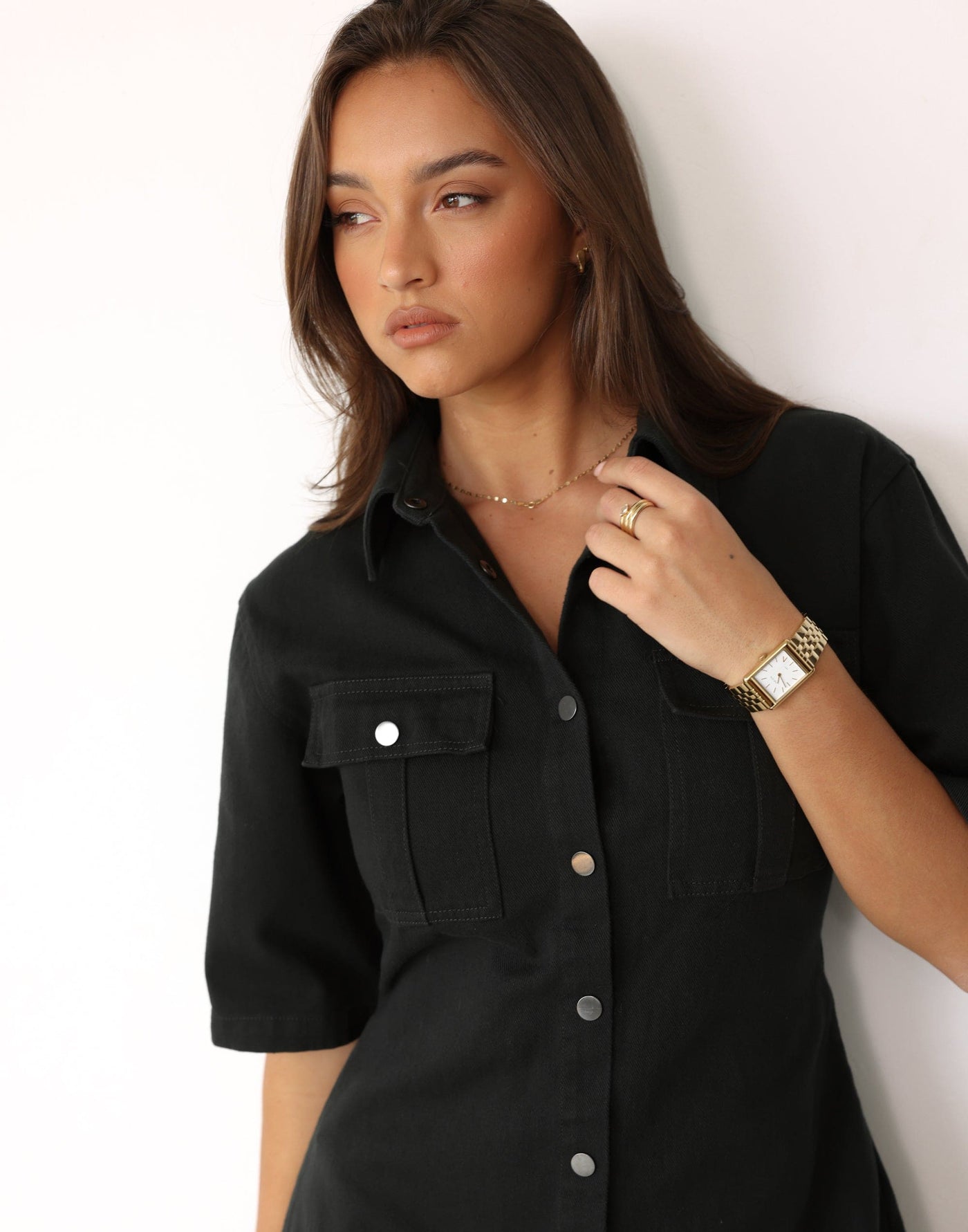 Hadid Mini Dress (Forest) Denim Fitted Waist Dress CHARCOAL