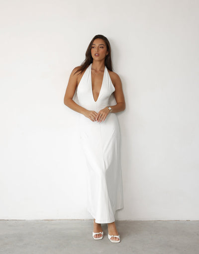 Victoria Maxi Dress (White) | Charcoal Clothing Exclusive - Halter V-Neck Butter Jersey Maxi Dress - Women's Dress - Charcoal Clothing