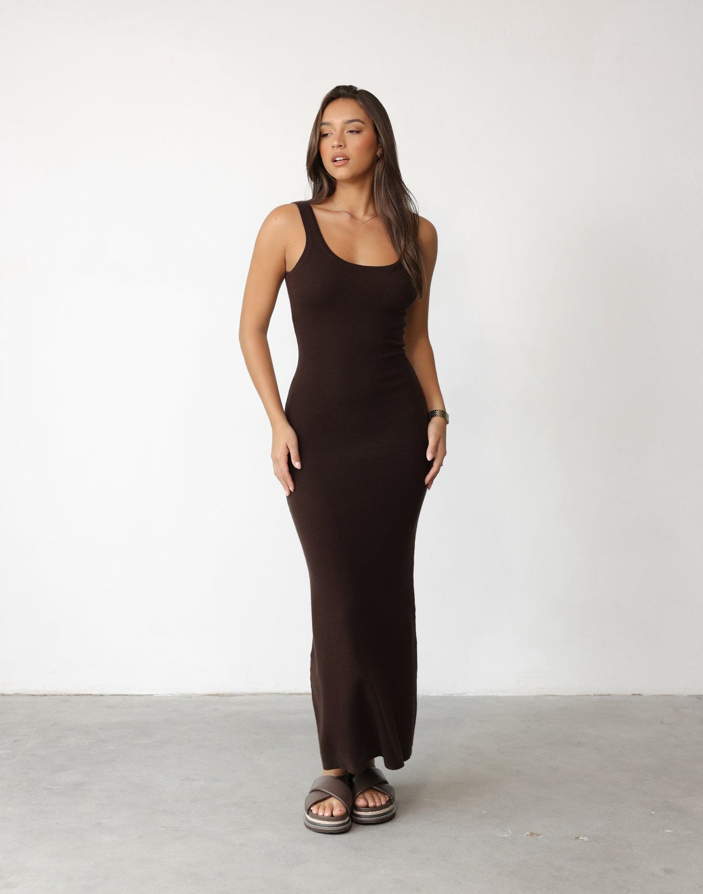 Enver Maxi Dress (Chocolate) | Charcoal Clothing Exclusive - Knit Scoop Neck and Beck Maxi Dress - Women's Dress - Charcoal Clothing