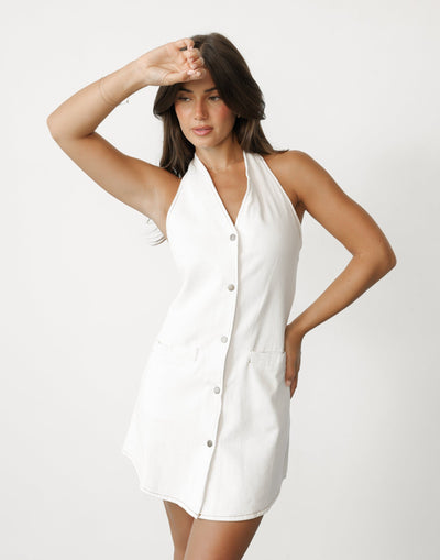 Arisha Mini Dress (White) | Charcoal Clothing Exclusive - V-neck Denim Button Closure Mini Dress - Women's Dress - Charcoal Clothing
