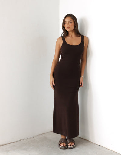 Enver Maxi Dress (Chocolate) | Charcoal Clothing Exclusive - Knit Scoop Neck and Beck Maxi Dress - Women's Dress - Charcoal Clothing