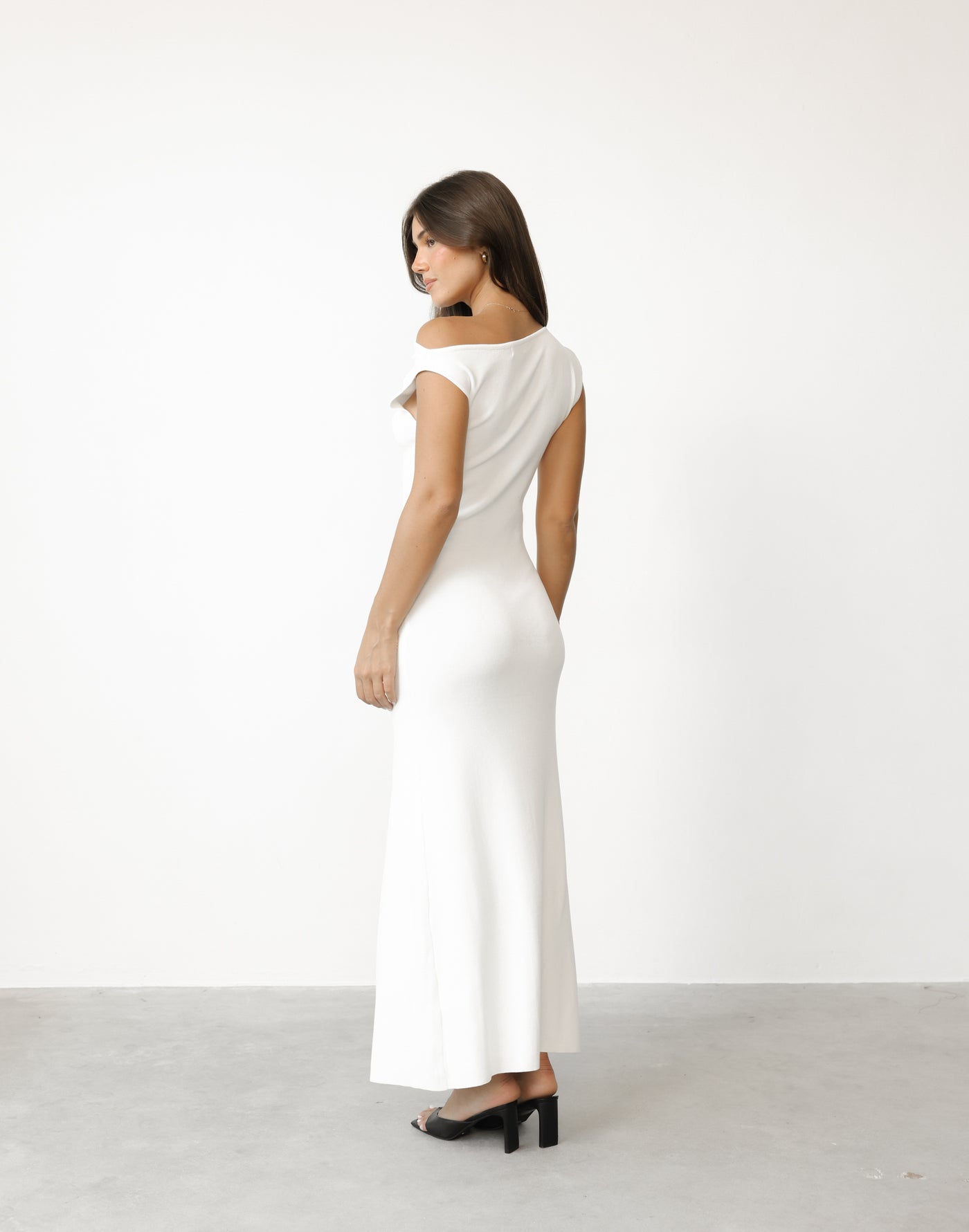 Martina Maxi Dress (White) - One Shoulder Stretch Knit Leg Split Maxi - Women's Dress - Charcoal Clothing