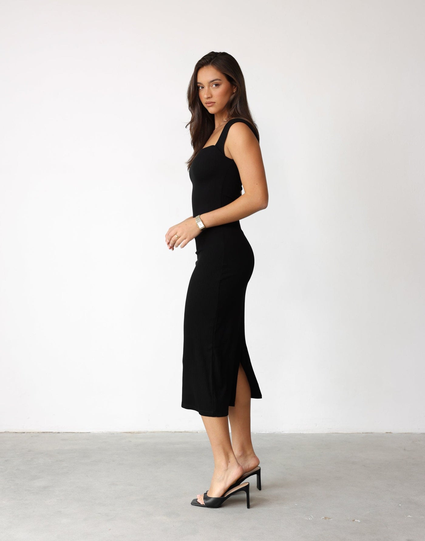 Avi Maxi Dress (Black) - Sqaure Neck Bodycon Ribbed Maxi - Women's Dress - Charcoal Clothing