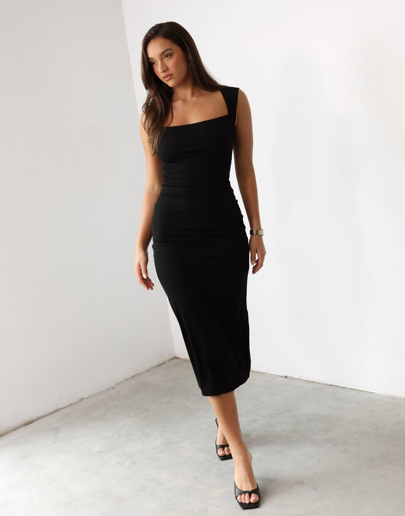 Avi Maxi Dress (Black) - Sqaure Neck Bodycon Ribbed Maxi - Women's Dress - Charcoal Clothing